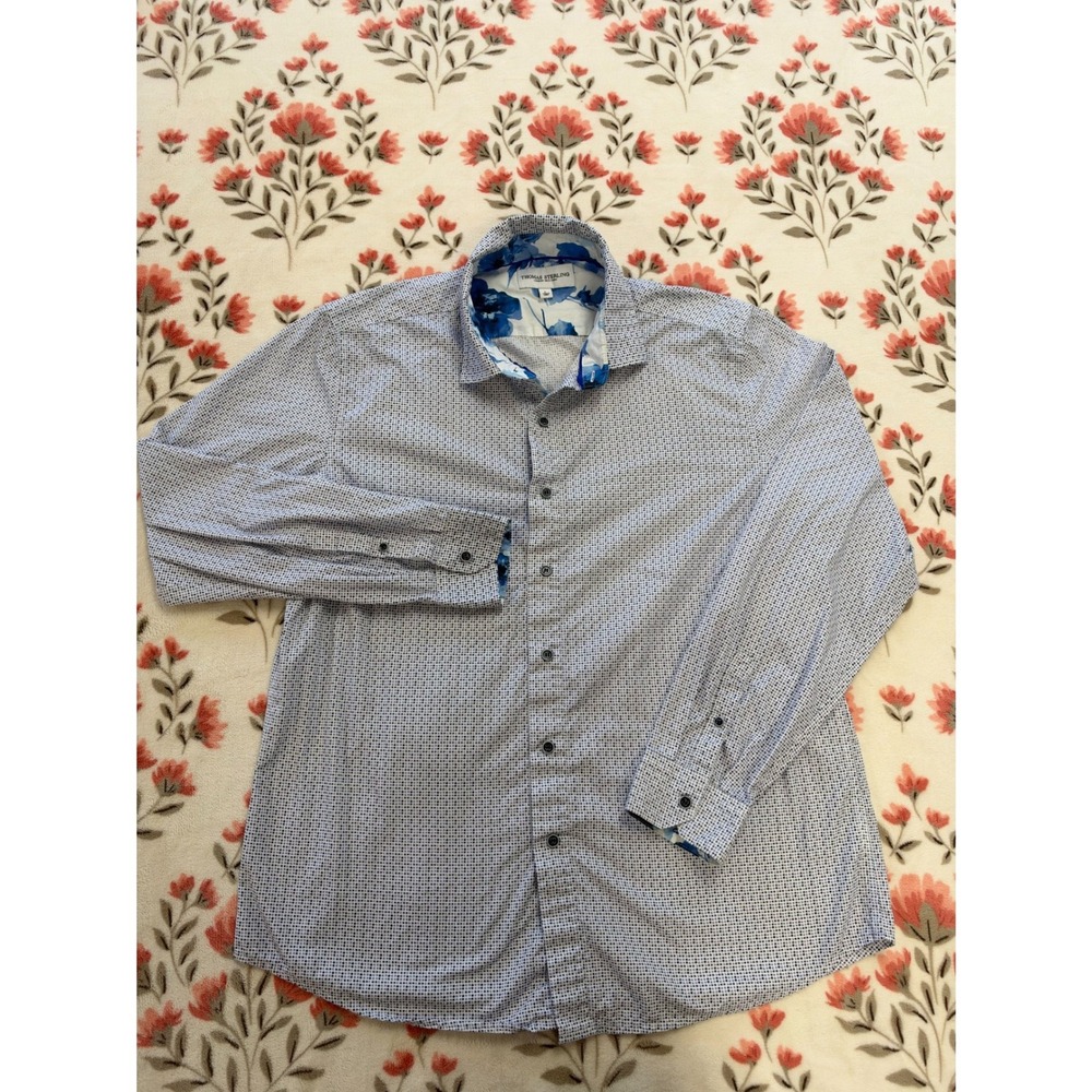 Thomas Sterling Mens Blue White Geometric Print Cotton Button Down Shirt Large